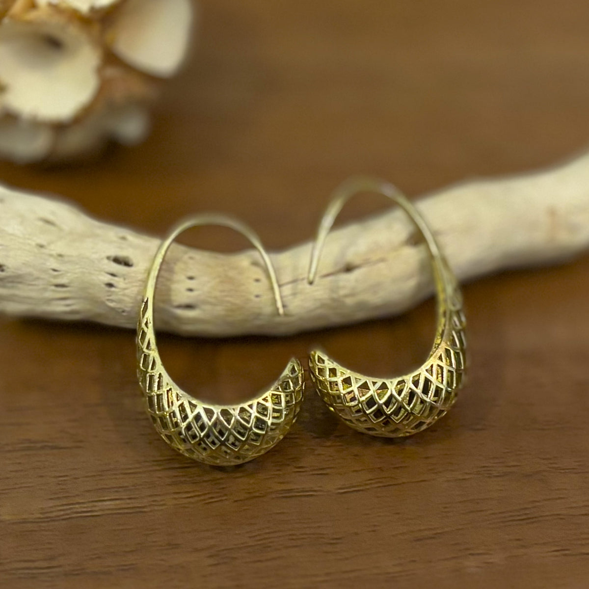 Brass Lattice Crescent Hoop Earrings — Desert Lantern
