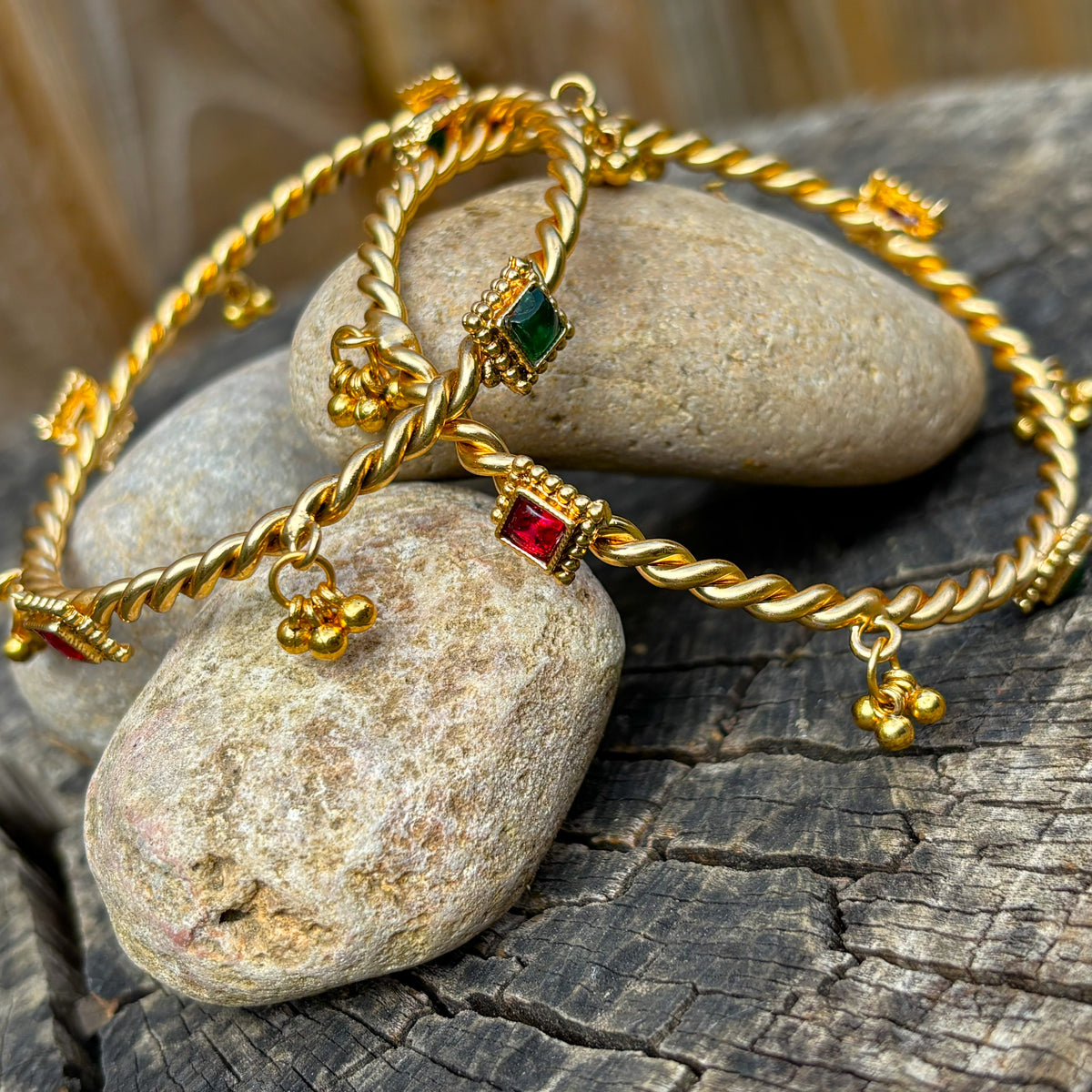 Twisted Brass Kada Bangle Pair with Ghungroo — Jhanak