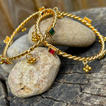 Twisted Brass Kada Bangle Pair with Ghungroo — Jhanak