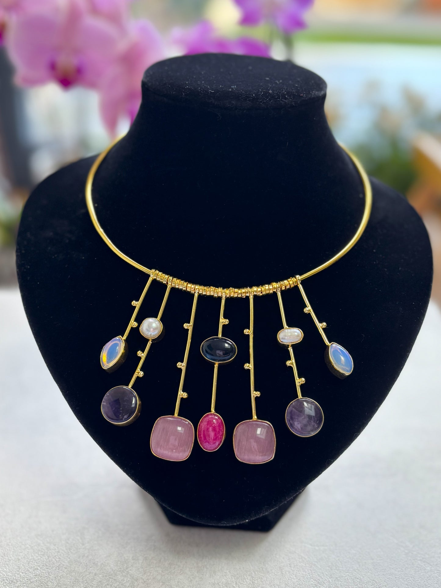 Handcrafted 18K Gold-Plated Multicolor Gemstone Hasli Necklace