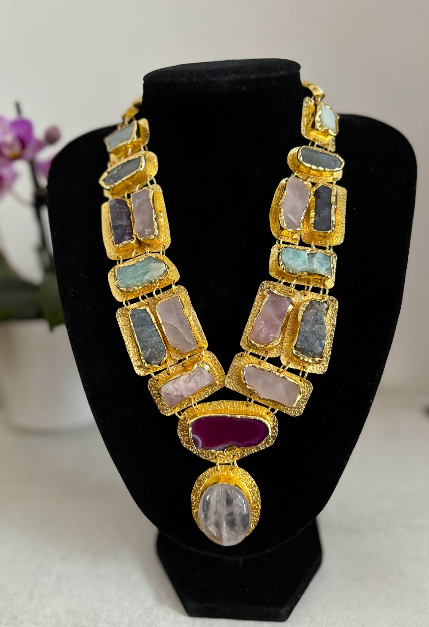 Boho Mantra Luxe Multi-Gemstone Statement Necklace – 18K Gold Plated Brass