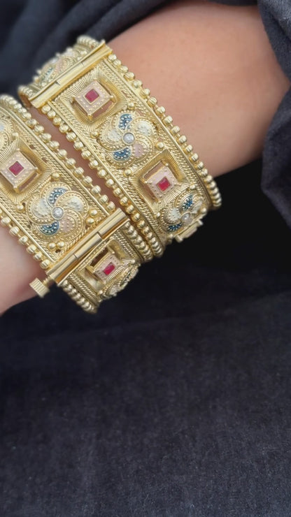 Square Ruby Bridal Kada - Heavily carved kada.