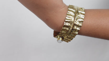 Textured Gold Cuff Bracelet with Gemstone Accents – Handcrafted Adjustable Wrap Design.