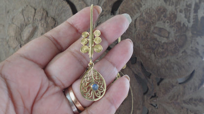 Temple Bloom Filigree Drops- Mandala-Inspired Brass Earrings with Spiral & Gem Detailing.