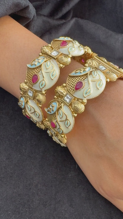 Ivory Enamel Leaf Kada - Hand-painted bridal kada.