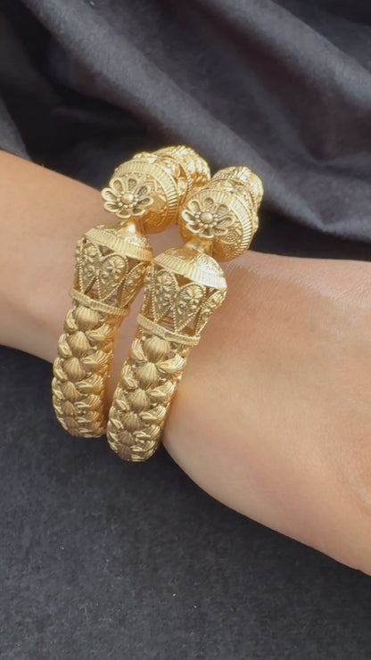 Temple Dome Kada with Floral Top - Openable gold polished matt finish kada.