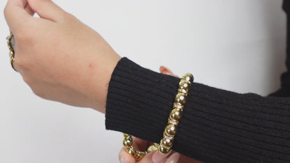 Beaded Orb Adjustable Brass/Sliver Cuff - Textured golden cuff with polished brass beads, crafted for a modern ethnic feel.