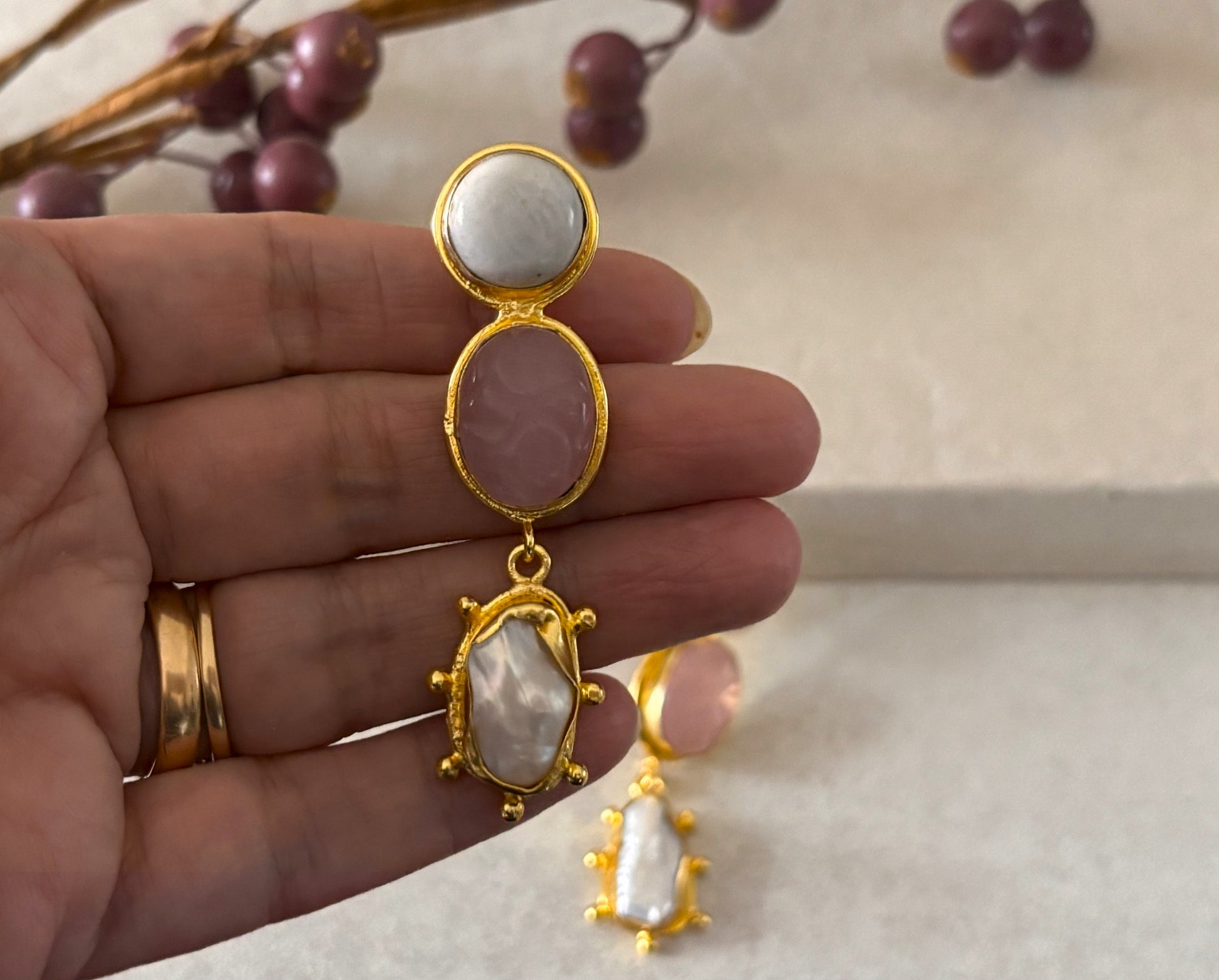 18K Gold-Plated Brass  Drop Earrings with Natural Gemstones.