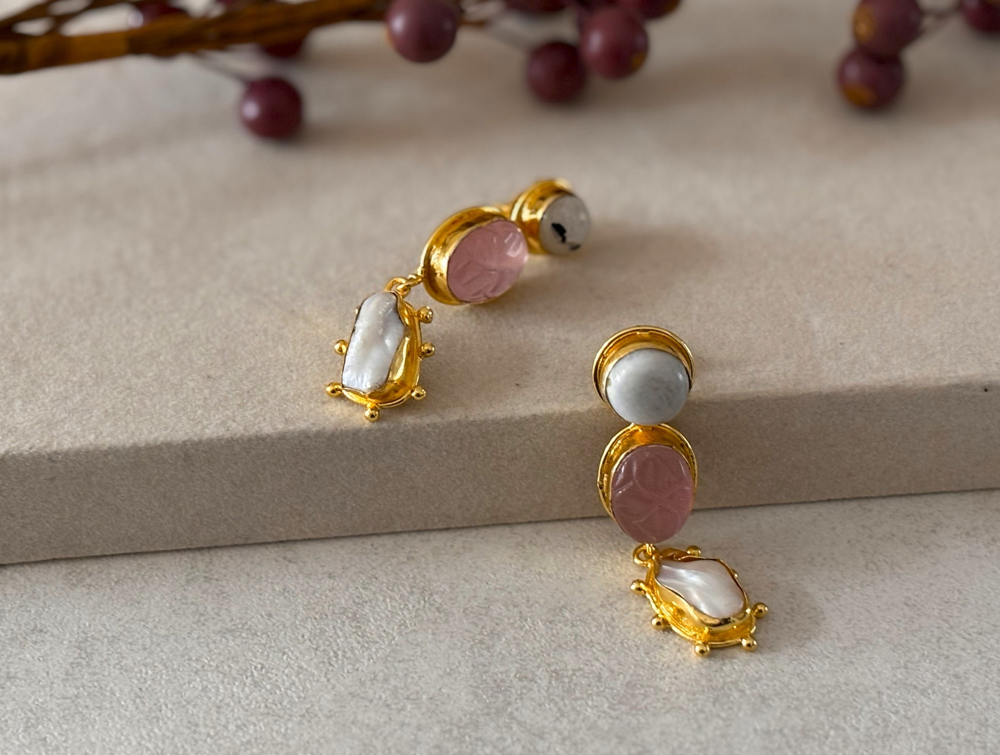 18K Gold-Plated Brass  Drop Earrings with Natural Gemstones.