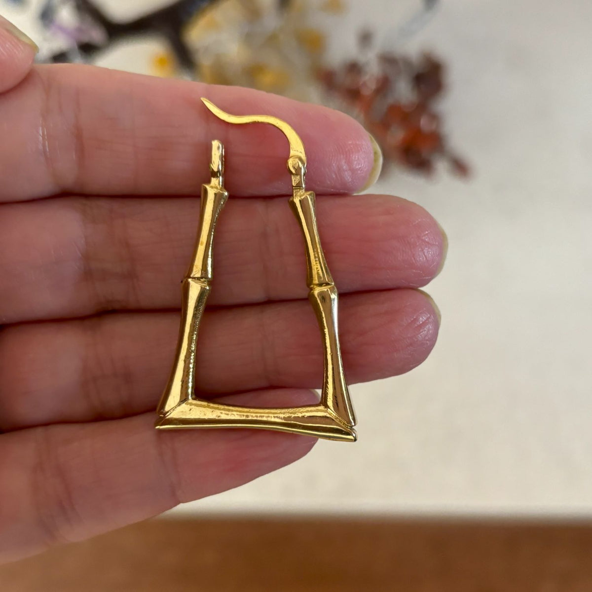 Polished Brass Bamboo Hoop Earrings — Golden Grove showing size and dimensions
