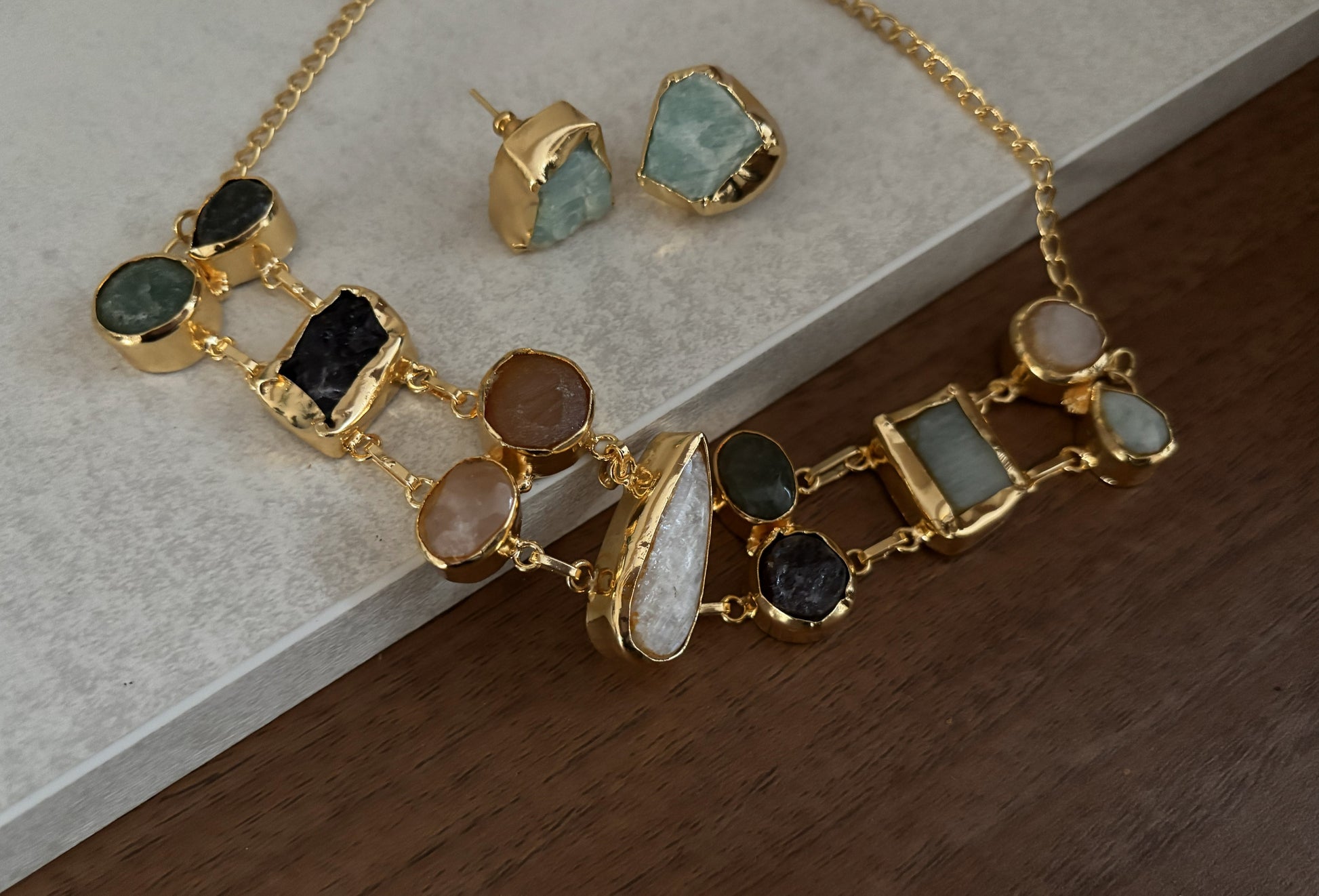 Handcrafted Gold-Plated Natural Stone Choker Set | Artisan Boho Necklace & Stud Earrings.
