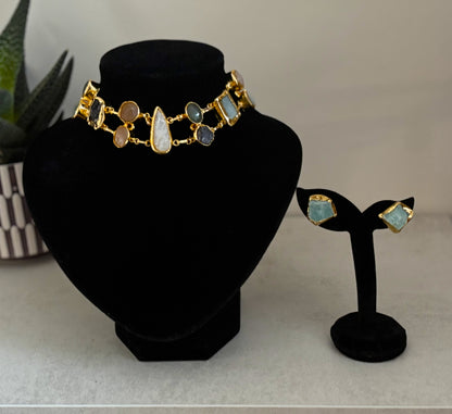 Handcrafted Gold-Plated Natural Stone Choker Set | Artisan Boho Necklace & Stud Earrings.