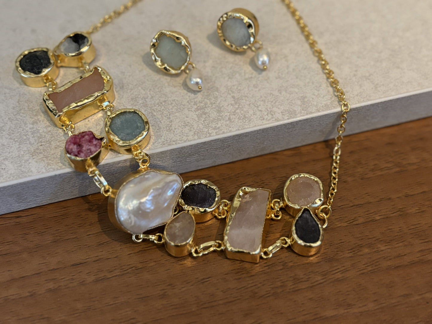 Handcrafted Gold-Plated Natural Stone Choker Set | Artisan Boho Necklace & Stud Earrings.