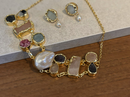 Handcrafted Gold-Plated Natural Stone Choker Set | Artisan Boho Necklace & Stud Earrings.
