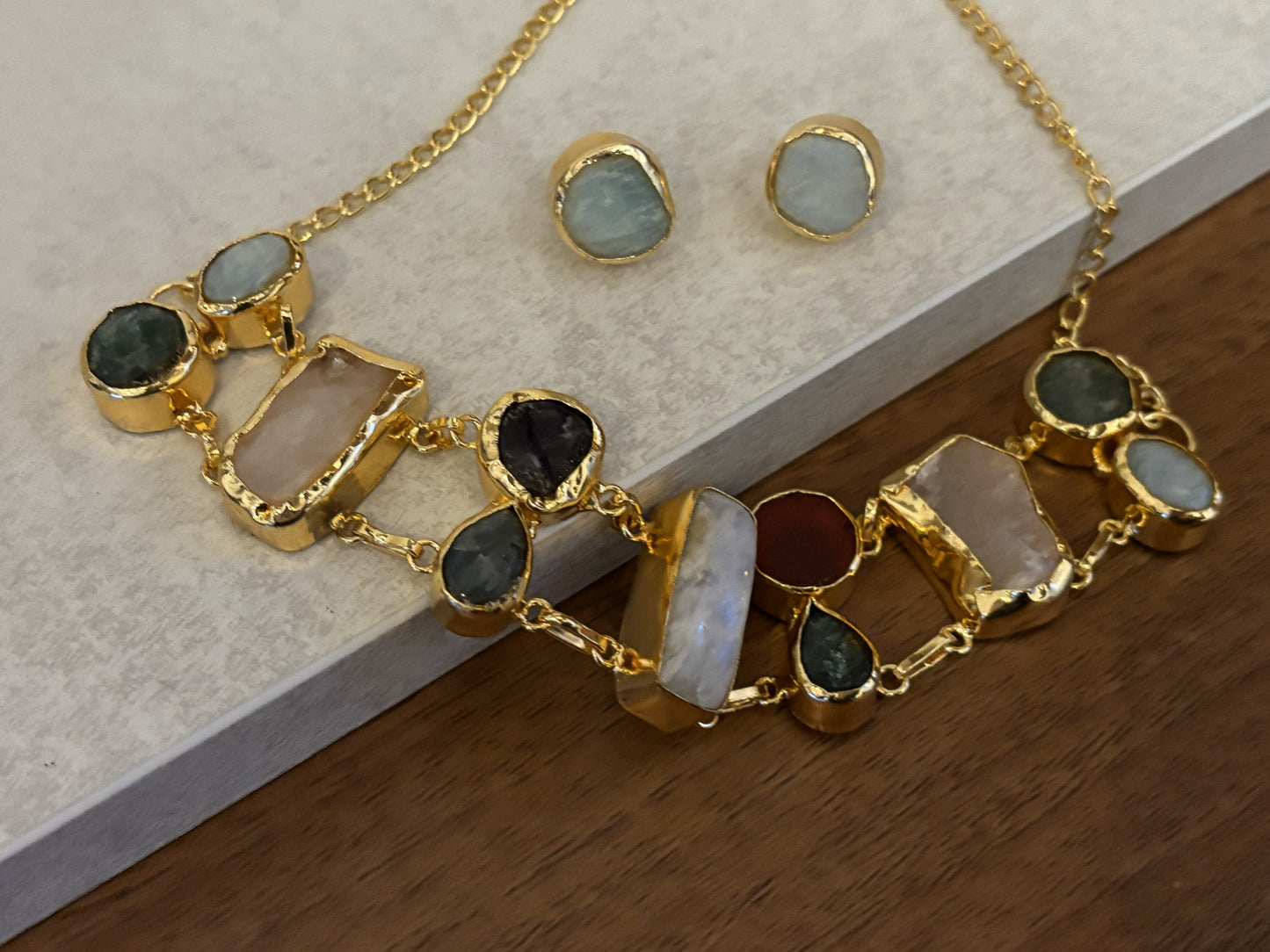 Handcrafted Gold-Plated Natural Stone Choker Set | Artisan Boho Necklace & Stud Earrings.