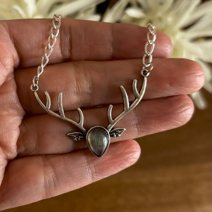 Gold/Sliver Deer Antler Pendant with Labradorite/Moonstone – Nature-Inspired Boho Statement Necklace.