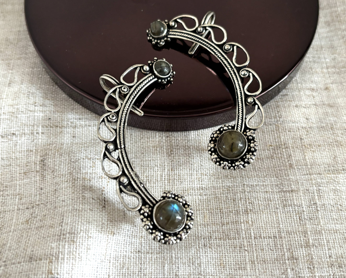 Boho Crescent Ear Cuff with Labradorite/Moonstone - Gold & Silver Ear Wrap