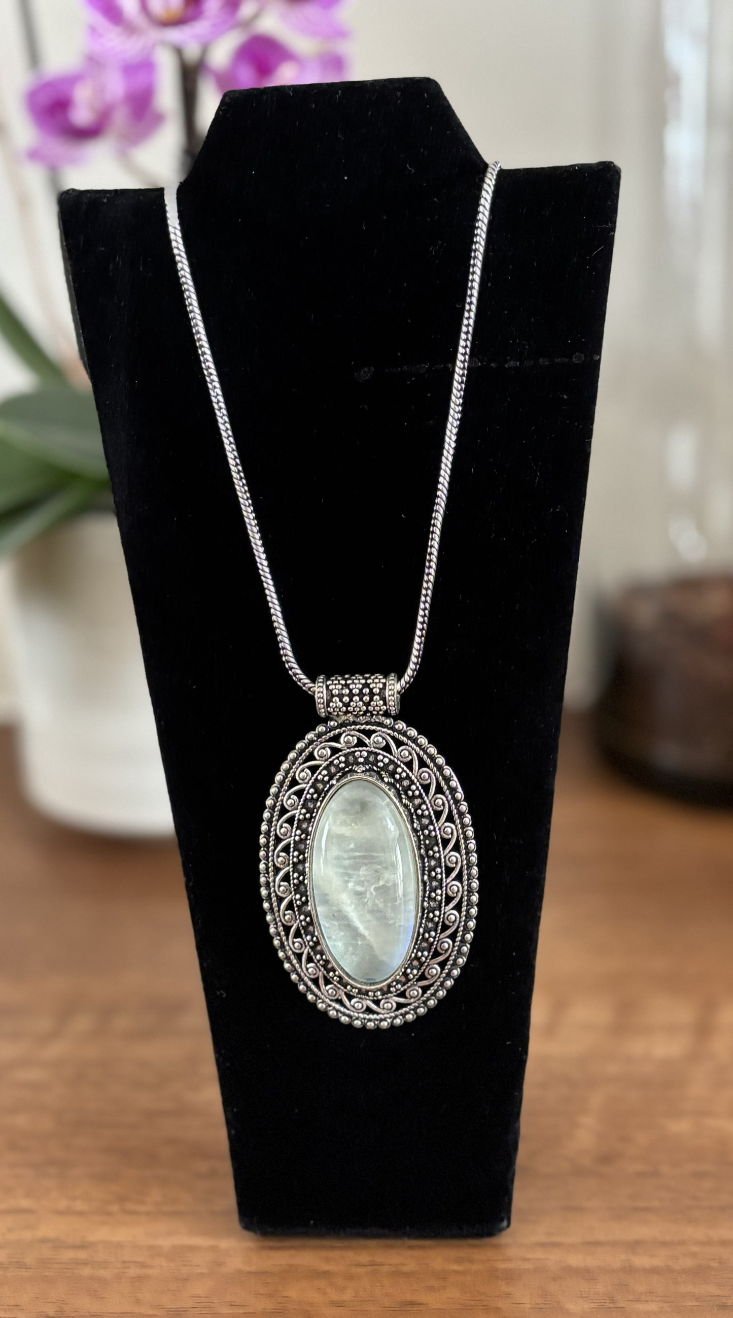 Large oval moonstone pendant necklace in vintage silver and antique gold