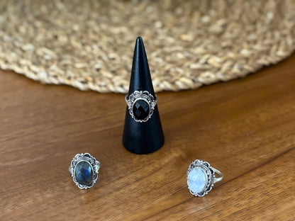 Vintage Oval Gemstone Adjustable Ring – Boho Statement Ring | Gold & Silver Finish