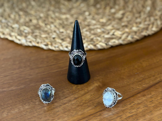 Vintage Oval Gemstone Adjustable Ring – Boho Statement Ring | Gold & Silver Finish
