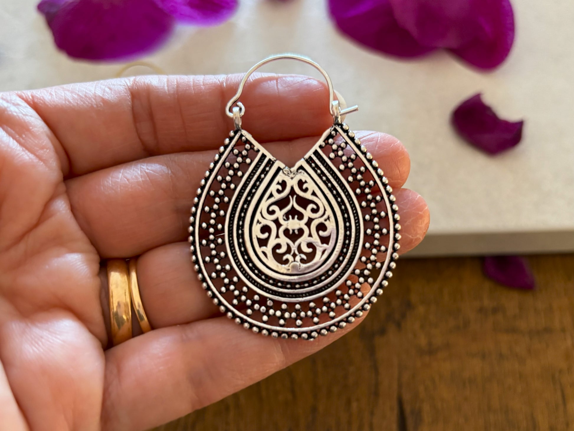 Bohemian Filigree Hoop Earrings in Gold & Silver Finish – Ethnic Statement Earrings.