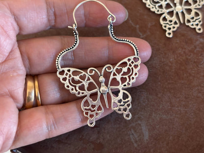 Butterfly Hoop Earrings – Filigree Design in Gold or Silver Finish.