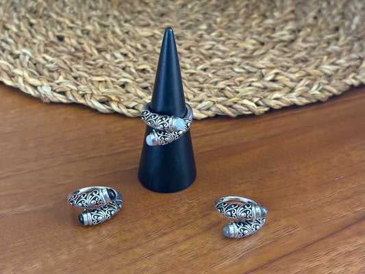 Boho Filigree Adjustable Gemstone Wrap Ring – Gold/Silver Vintage Brass Statement Ring