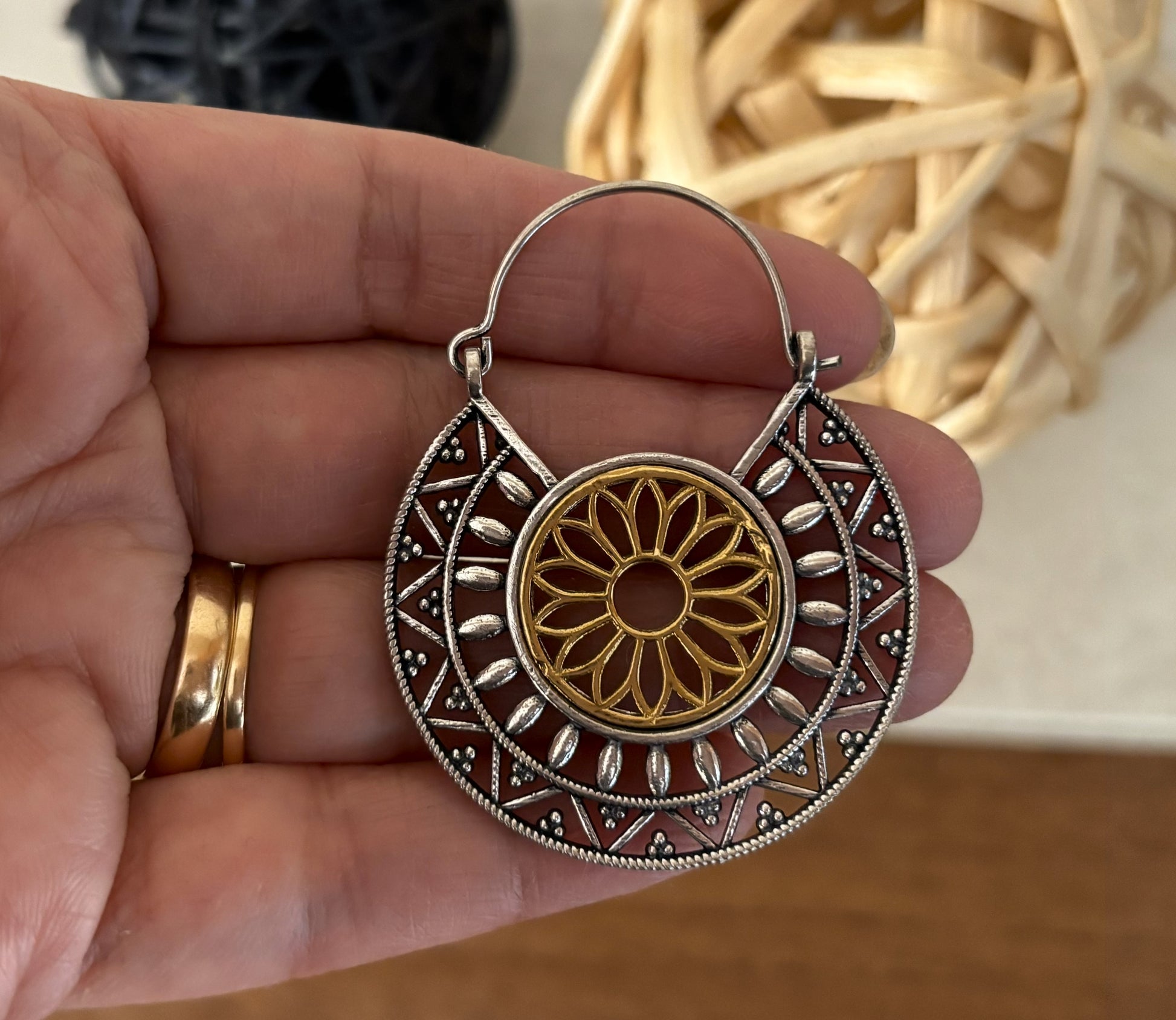 Dual Tone Mandala Brass Earrings – Boho Geometric Statement Earrings.
