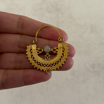 Filigree Brass Crescent Moon Hoop Earrings — Lunar Lace in gold, Small, held in hand to show size