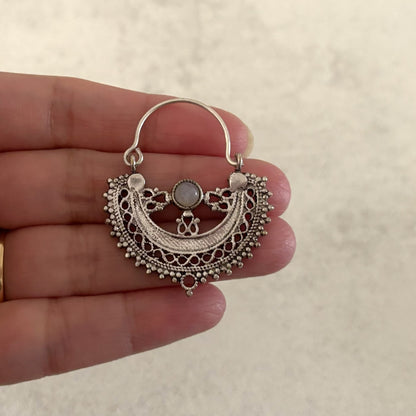 Filigree Brass Crescent Moon Hoop Earrings — Lunar Lace in silver-plated brass, Small, held in hand