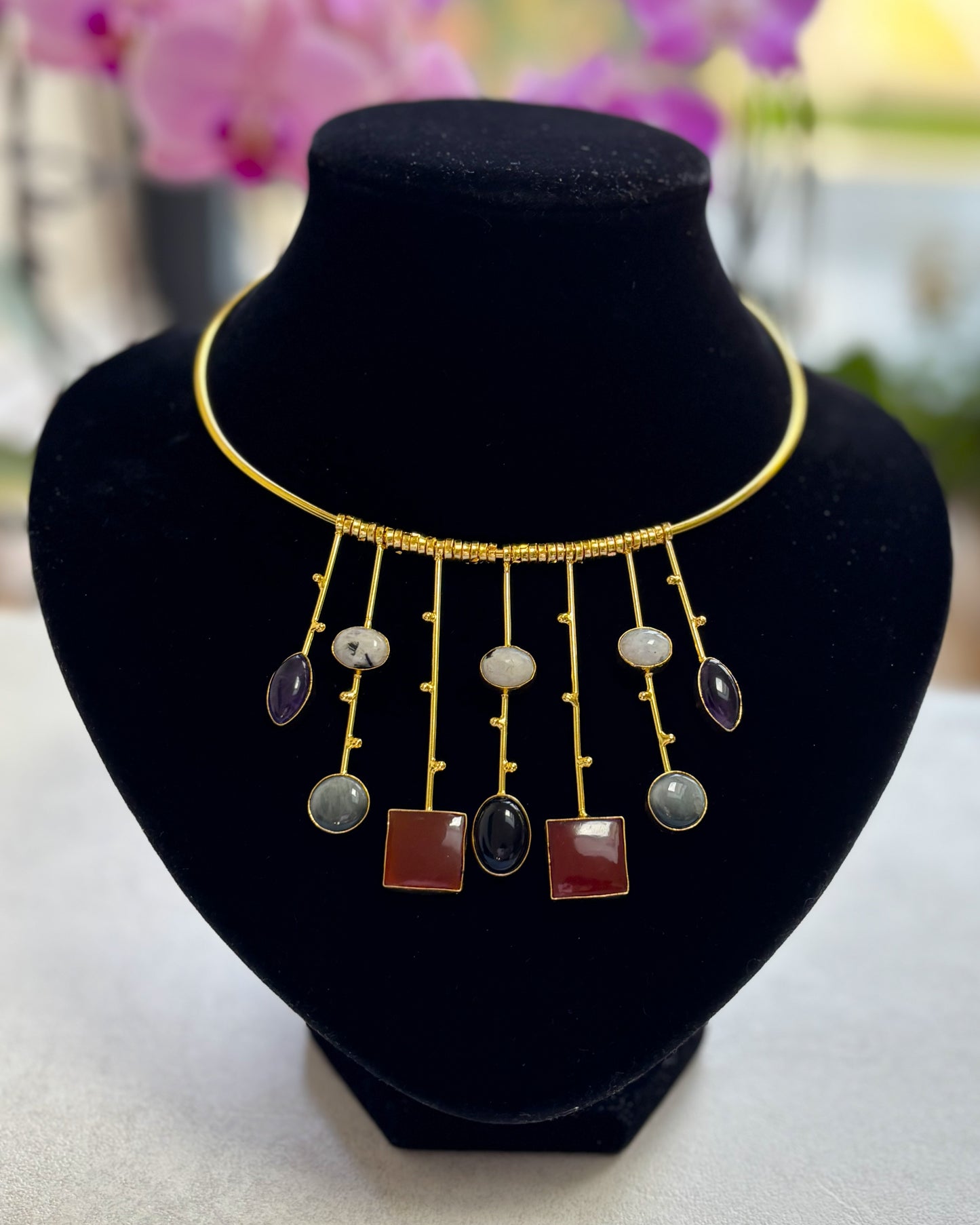 Handcrafted 18K Gold-Plated Multicolor Gemstone Hasli Necklace