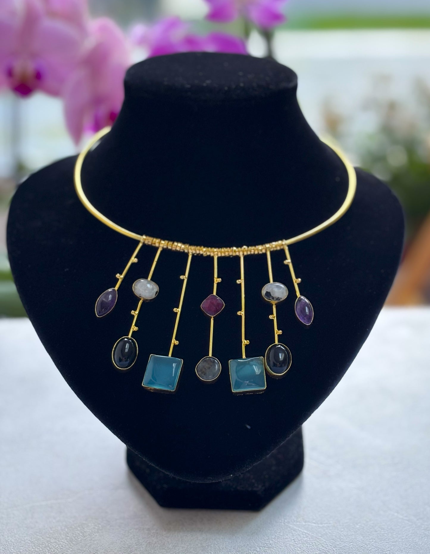 Handcrafted 18K Gold-Plated Multicolor Gemstone Hasli Necklace