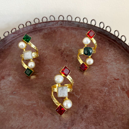 Natural Gemstone & Pearl Wrap Ring — Mughal Garden
