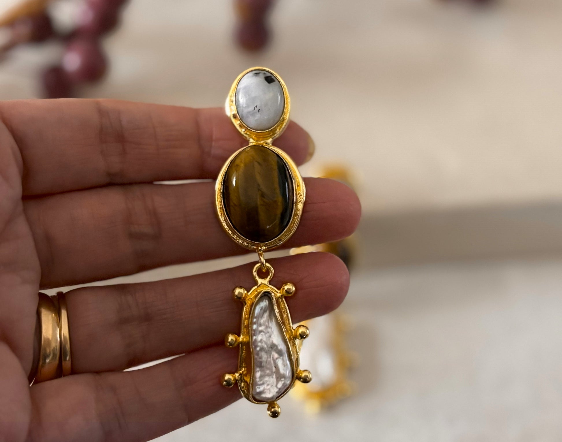 18K Gold-Plated Brass  Drop Earrings with Natural Gemstones.