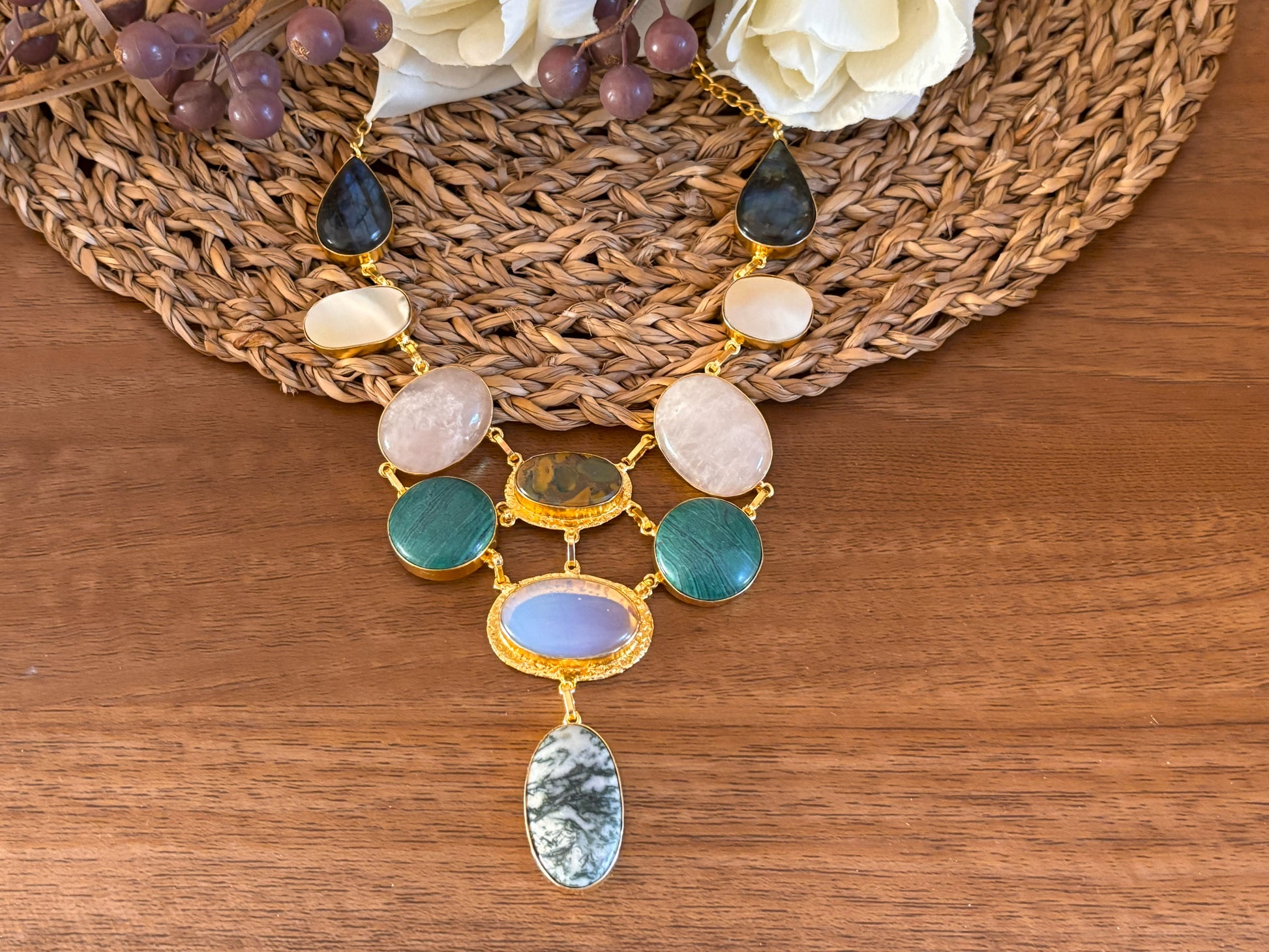 Bold Multi-Stone Necklace in 18K Gold-Plated Brass.
