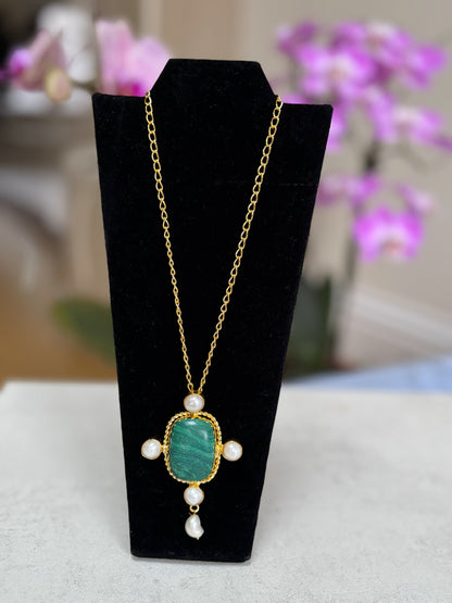 Handcrafted 18K Gold Plated Gemstone & Pearl Pendant.