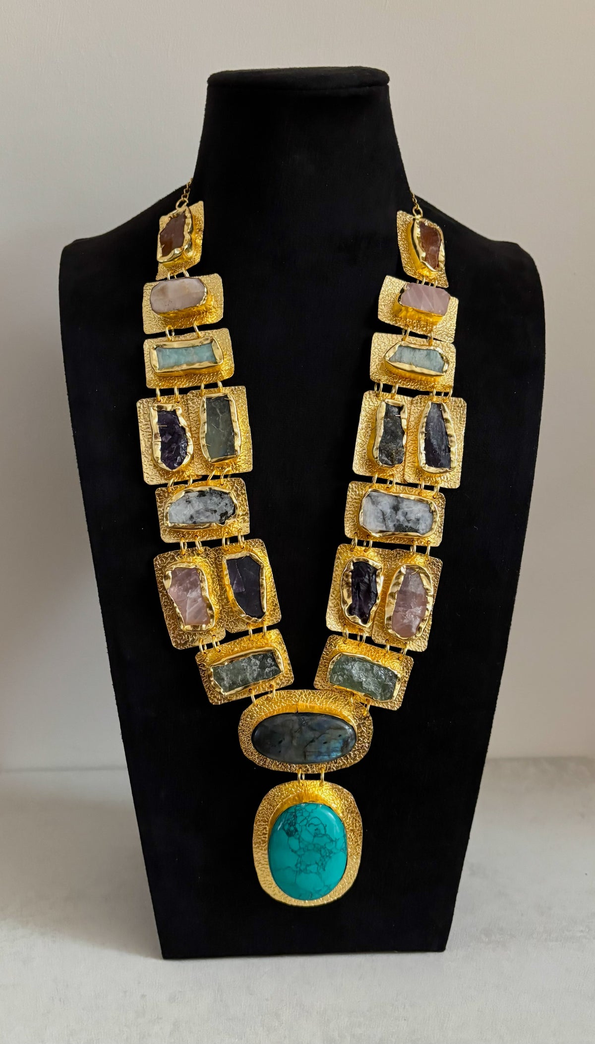 Boho Mantra Luxe Multi-Gemstone Statement Necklace – 18K Gold Plated
