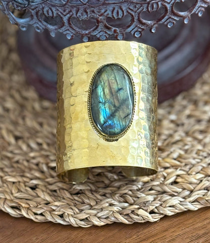 Adjustable Hammered Brass Cuff Bracelet with Labradorite Gemstone