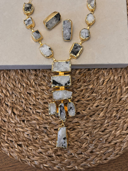 Raw Multi-Gemstone Statement Necklace & Earrings Set – 18K Gold-Plated jewellery Set..