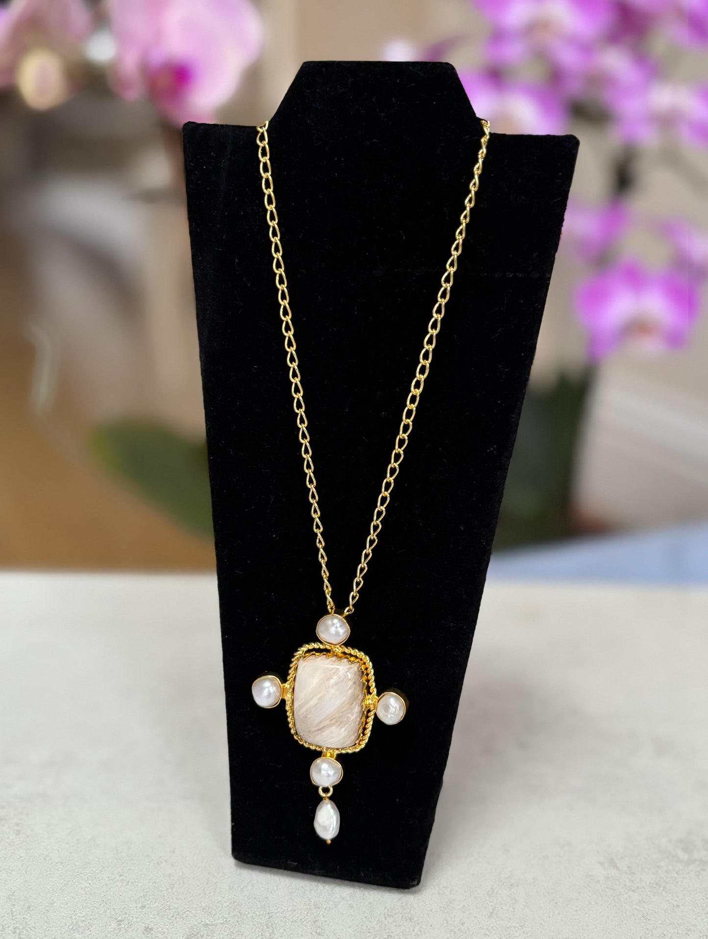 Handcrafted 18K Gold Plated Gemstone & Pearl Pendant.
