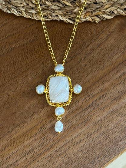Handcrafted 18K Gold Plated Gemstone & Pearl Pendant.