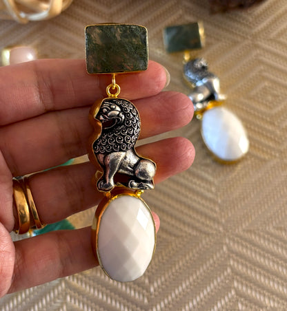 Lion Charm Statement Earrings with Natural Stone Drops